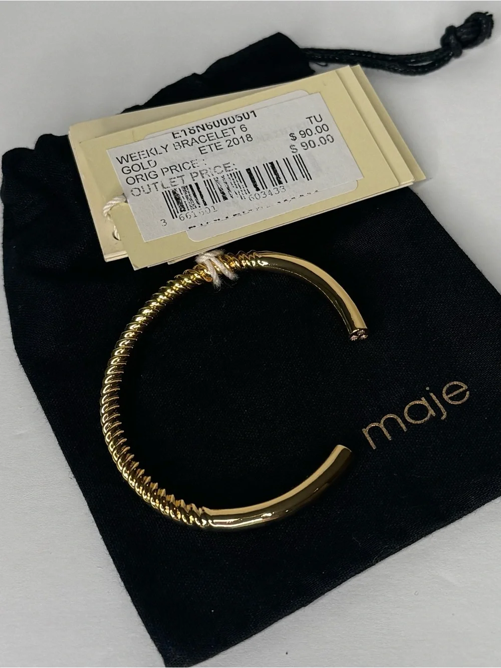 Maje Paris Gold Tone Ribbed Crystal Open Cuff Bracelet NWT